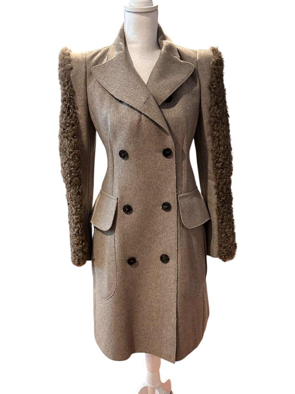 Carven Wool Blend Coat Kalgan Sleeves Double Breasted Taupe Grey EU 38